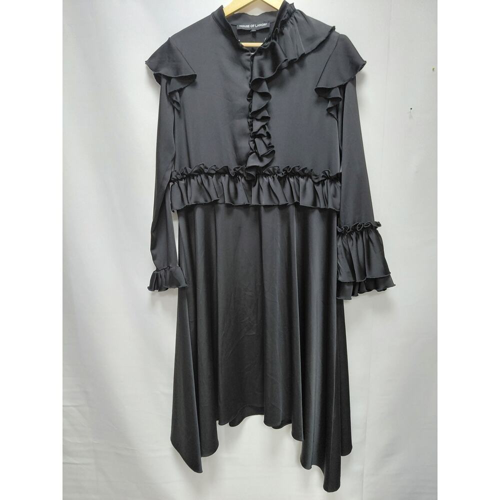 IP9 HOUSE OF LANCRY Ruffle Black Dress Solid Long Sleeve Midi Women Size M